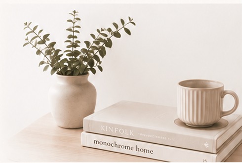 Neutral desk with eucalyptus, books, and mug